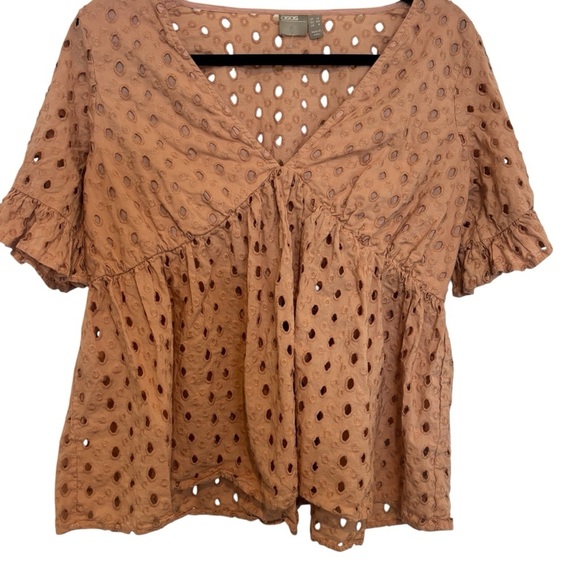 ASOS Broderie Smocked Women's Top Fluted Sleeve Deep V-Neck Size 8 - Picture 3 of 5